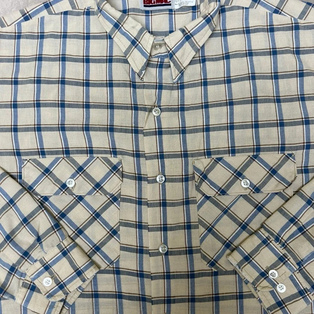 Vintage Big Mac Men's XL Tan Blue Plaid Long Sleeve Flannel‎ Button-Up Shirt